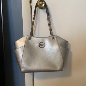 Michael Kors Silver Metallic Tote Bag with Chain Straps